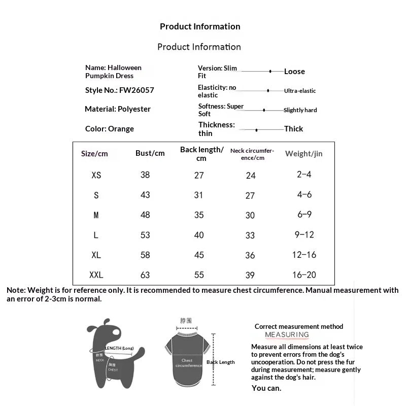 Pumpkin Dress Costume for Small Dogs & Cats – Washable Halloween Outfit, XS–XXL